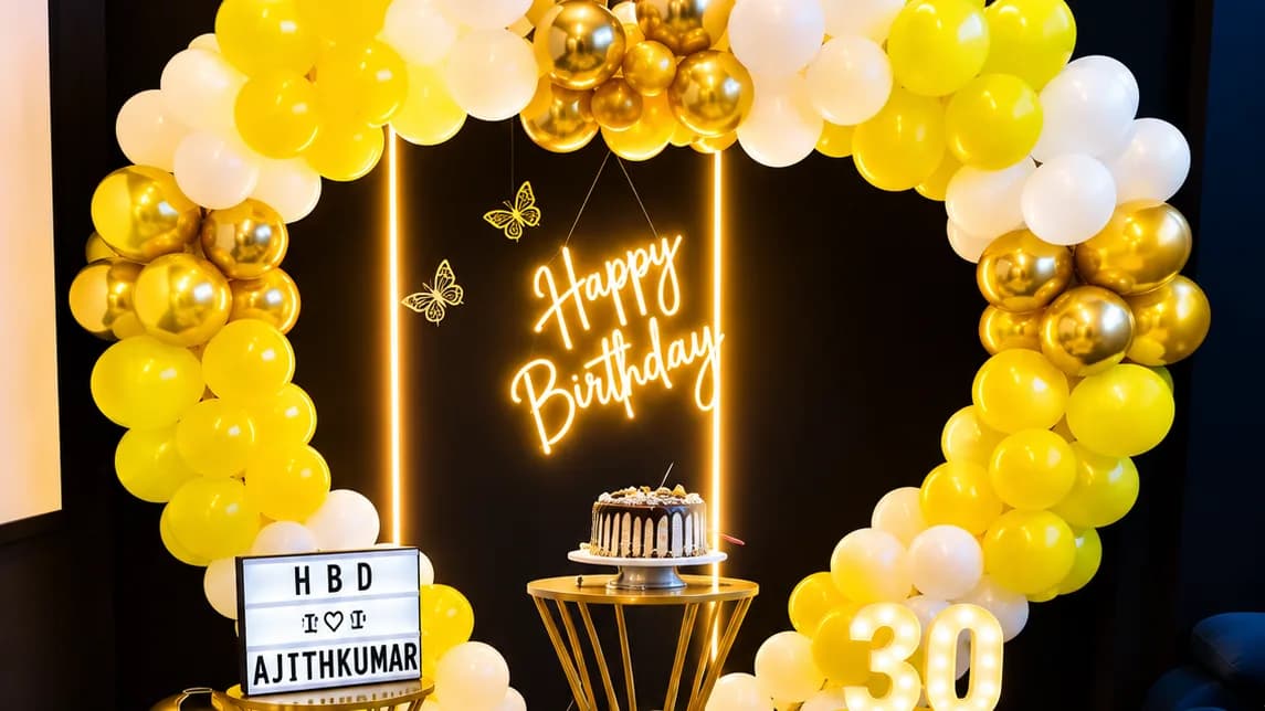 A yellow, white and gold balloon heart around a neon Happy Birthday sign, with a chocolate drip cake on a gold stand, a lit 30 sign and a lit board reading HBD AJITHKUMAR